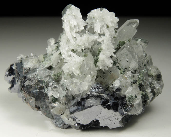 Calcite on Quartz over Galena from Deveti Septemvri Mine, Madan District, Rhodope Mountains, Bulgaria