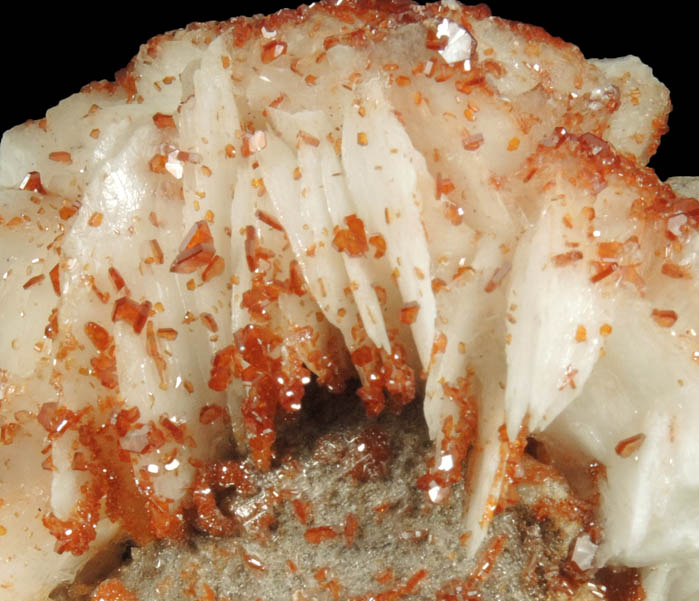 Vanadinite on Barite from Mibladen, Haute Moulouya Basin, Zeida-Aouli-Mibladen belt, Midelt Province, Morocco