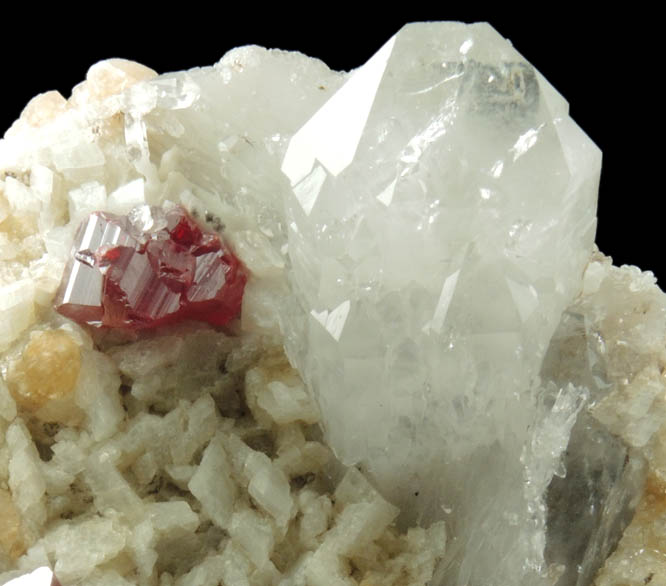 Cinnabar, Dolomite, Calcite on Quartz from Wanshan, Tongren, Guizhou Province, China