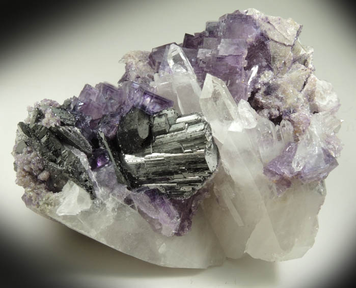 Ferberite and Fluorite on Quartz from Yaogangxian Mine, Nanling Mountains, Hunan, China