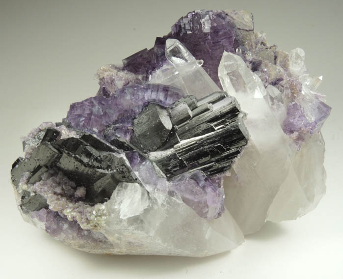 Ferberite and Fluorite on Quartz from Yaogangxian Mine, Nanling Mountains, Hunan, China