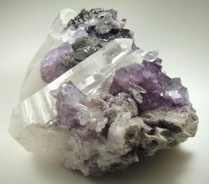 Ferberite and Fluorite on Quartz from Yaogangxian Mine, Nanling Mountains, Hunan, China