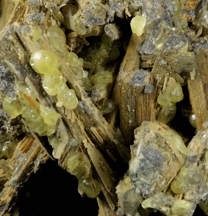 Sulfur and Valentinite on Stibiconite over Stibnite from Xikuangshan, 12 km northeast of Lengshuijiang, Hunan, China