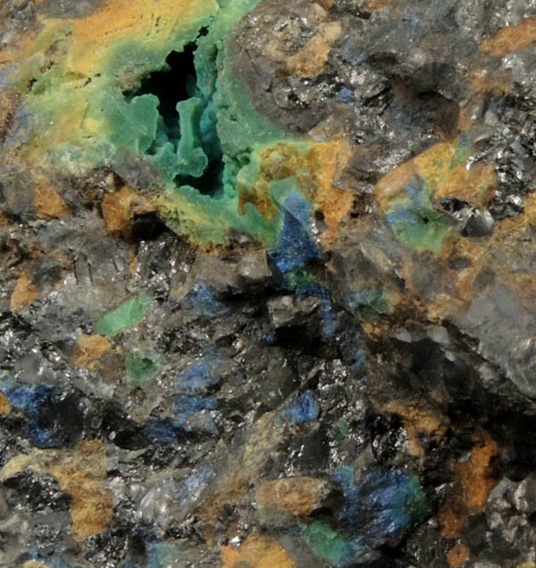Azurite, Malachite, Chrysocolla, Aurichalcite, Franklinite from Sterling Mine, Ogdensburg, Sterling Hill, Sussex County, New Jersey (Type Locality for Franklinite)
