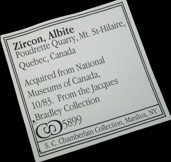 Zircon on Albite from Poudrette Quarry, Mont Saint-Hilaire, Québec, Canada