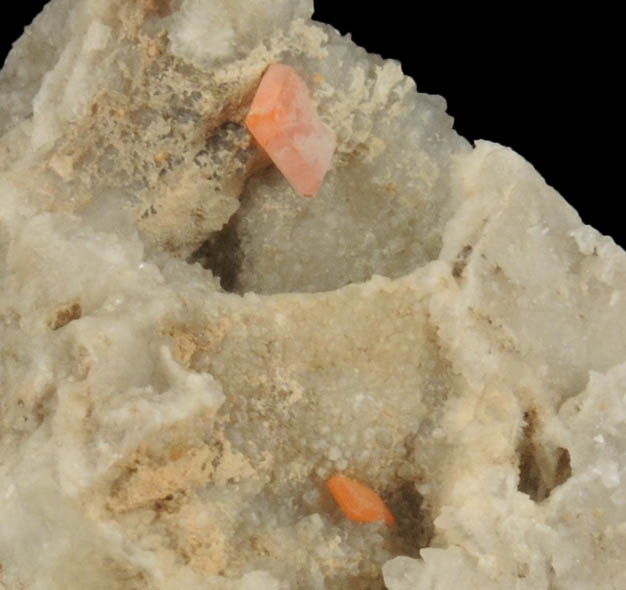 Wulfenite on Quartz from Manhan Lead Mines, Loudville District, 3 km northwest of Easthampton, Hampshire County, Massachusetts