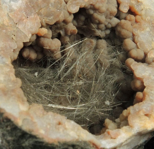 Millerite in Quartz Geode from US Route 27 road cut, Halls Gap, Lincoln County, Kentucky