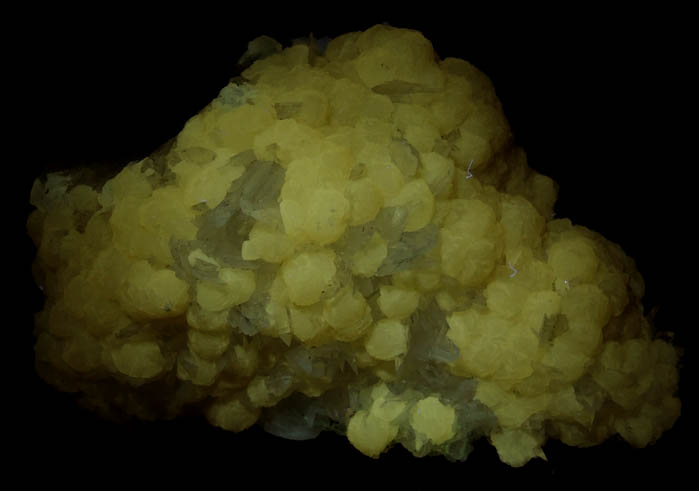 Photo below under longwave ultraviolet illumination of Calcite over Colemanite from Kramer Deposit, Boron, Kern County, California Calcite over Colemanite from Kramer Deposit, Boron, Kern County, California