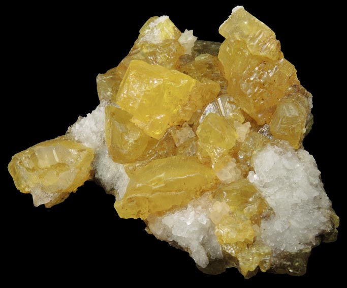 Sulfur and Calcite on Celestine from Scofield Quarry, Maybee, Monroe County, Michigan