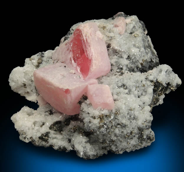 Rhodochrosite on Quartz and Pyrite from American Tunnel, Sunnyside Mine, Eureka District, San Juan County, Colorado