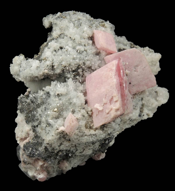 Rhodochrosite on Quartz and Pyrite from American Tunnel, Sunnyside Mine, Eureka District, San Juan County, Colorado