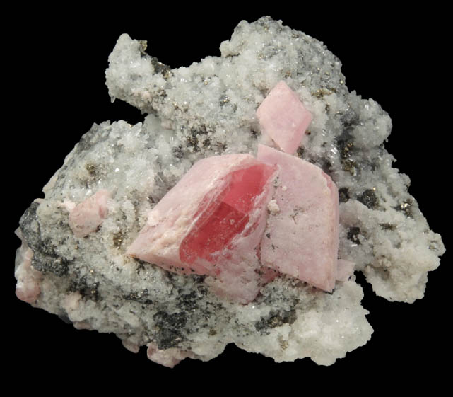 Rhodochrosite on Quartz and Pyrite from American Tunnel, Sunnyside Mine, Eureka District, San Juan County, Colorado