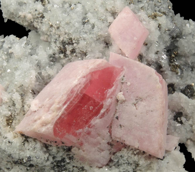 Rhodochrosite on Quartz and Pyrite from American Tunnel, Sunnyside Mine, Eureka District, San Juan County, Colorado