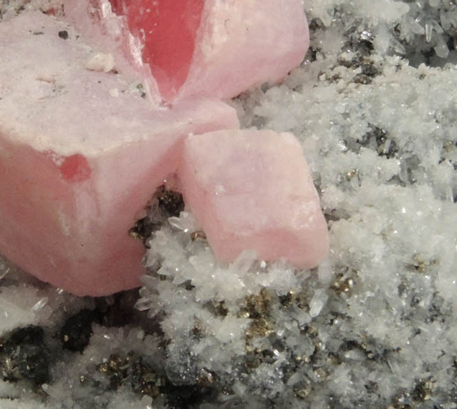 Rhodochrosite on Quartz and Pyrite from American Tunnel, Sunnyside Mine, Eureka District, San Juan County, Colorado