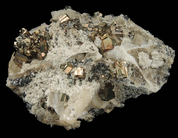 Pyrite and Quartz on Calcite from Madan District, Rhodope Mountains, Bulgaria