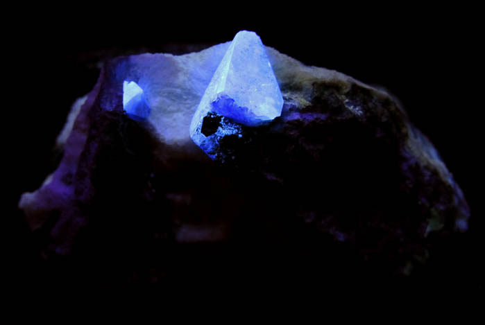 Photo below under shortwave ultraviolet illumination of Benitoite and Neptunite in Natrolite from Benitoite Gem Mine, New Idria District, San Benito County, California (Type Locality for Benitoite) Benitoite and Neptunite in Natrolite from Benitoite Gem Mine, New Idria District, San Benito County, California (Type Locality for Benitoite)
