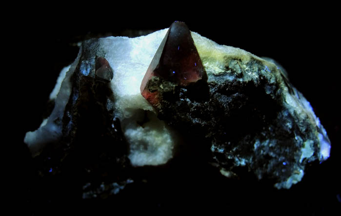 Photo below under longwave ultraviolet illumination of Benitoite and Neptunite in Natrolite from Benitoite Gem Mine, New Idria District, San Benito County, California (Type Locality for Benitoite) Benitoite and Neptunite in Natrolite from Benitoite Gem Mine, New Idria District, San Benito County, California (Type Locality for Benitoite)