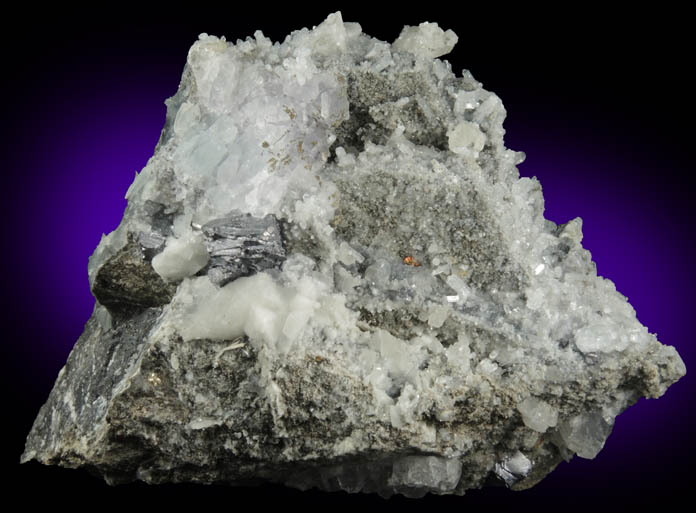 Harmotome (cruciform twinned), Galena, Pyrite, Calcite, Fluorite, Calcite from Lane Construction Corp. Northfield Quarry, Franklin County, Massachusetts