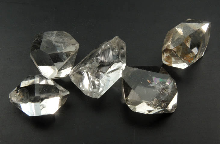 Quartz var. Herkimer Diamonds (collection of 5 crystals, 10-11 mm) from Hickory Hill Diamond Diggings, Fonda, Montgomery County, New York