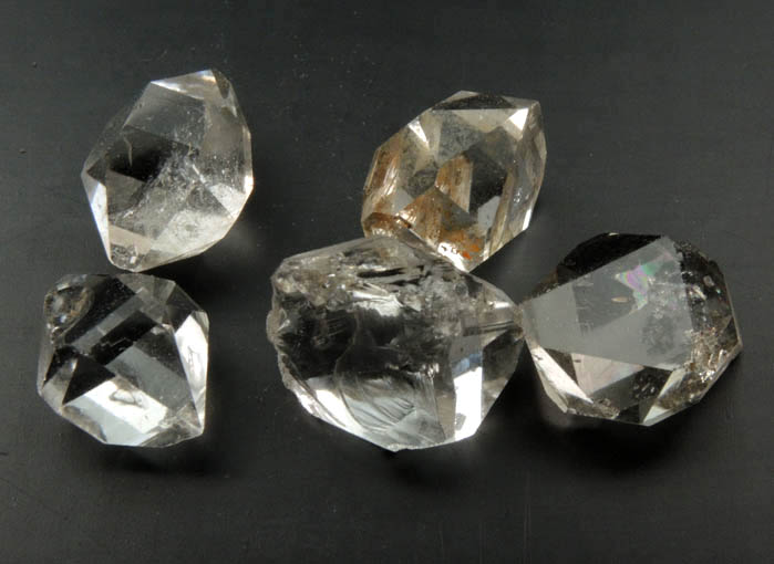 Quartz var. Herkimer Diamonds (collection of 5 crystals, 10-11 mm) from Hickory Hill Diamond Diggings, Fonda, Montgomery County, New York