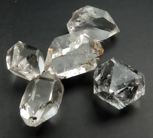 Quartz var. Herkimer Diamonds (collection of 5 crystals, 10-12 mm) from Hickory Hill Diamond Diggings, Fonda, Montgomery County, New York
