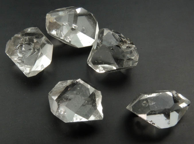 Quartz var. Herkimer Diamonds (collection of 5 crystals, 11-12 mm) from Hickory Hill Diamond Diggings, Fonda, Montgomery County, New York