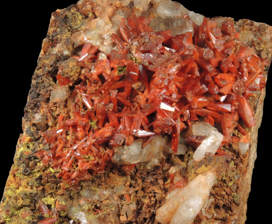 Crocoite and Vauquelinite on Quartz from Berezovsk Gold Mine (Berezovskii), Sverdlovsk Oblast', Middle Ural Mountains, Russia (Type Locality for Crocoite and Vauquelinite)