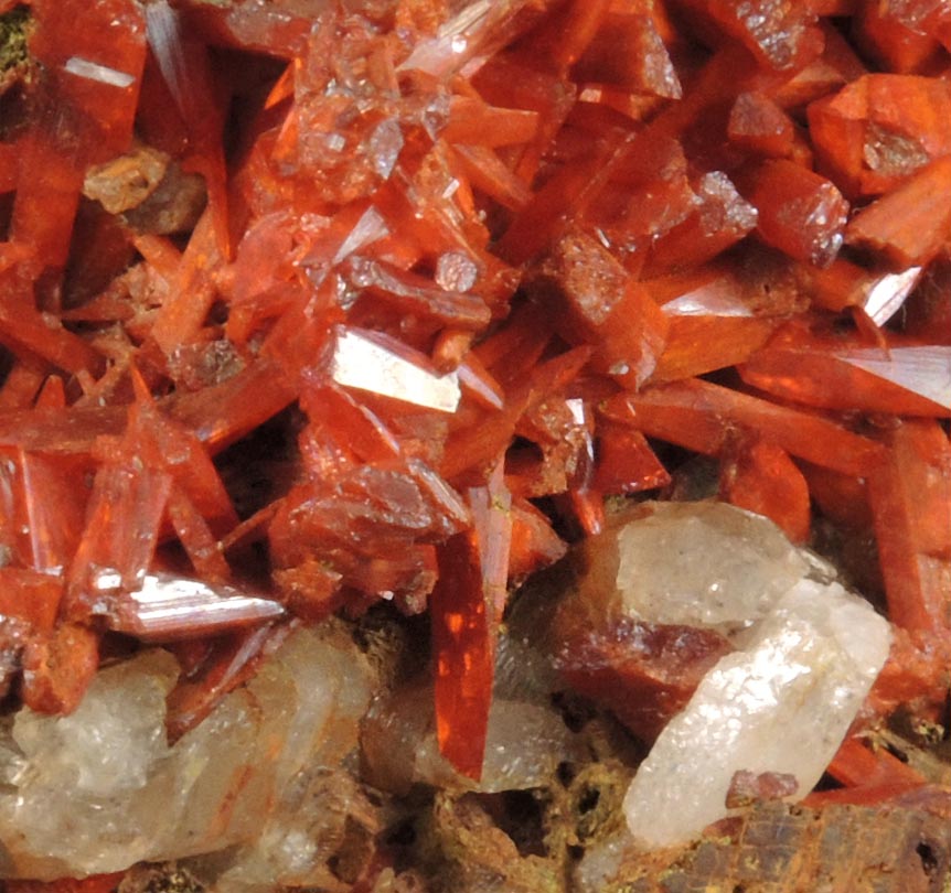 Crocoite and Vauquelinite on Quartz from Berezovsk Gold Mine (Berezovskii), Sverdlovsk Oblast', Middle Ural Mountains, Russia (Type Locality for Crocoite and Vauquelinite)