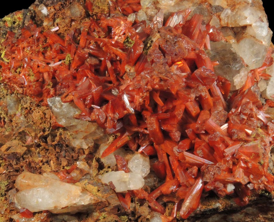 Crocoite and Vauquelinite on Quartz from Berezovsk Gold Mine (Berezovskii), Sverdlovsk Oblast', Middle Ural Mountains, Russia (Type Locality for Crocoite and Vauquelinite)