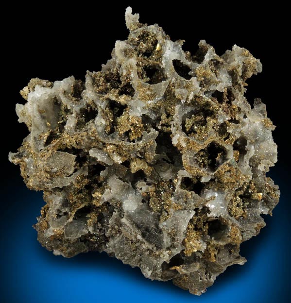 Chalcopyrite on Quartz pseudomorphs after Galena and pseudomorphs after Anhydrite from Casteel Mine (Viburnum No. 35 Mine), Bixby, Iron County, Missouri