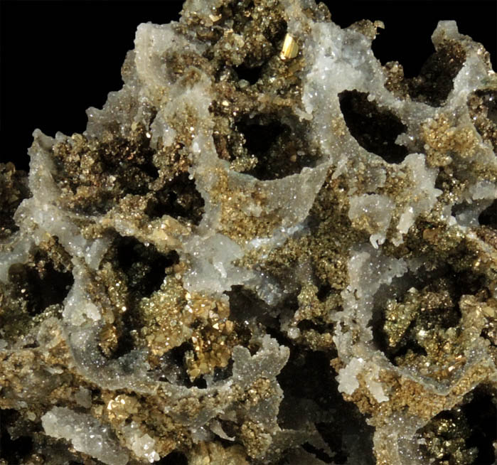 Chalcopyrite on Quartz pseudomorphs after Galena and pseudomorphs after Anhydrite from Casteel Mine (Viburnum No. 35 Mine), Bixby, Iron County, Missouri