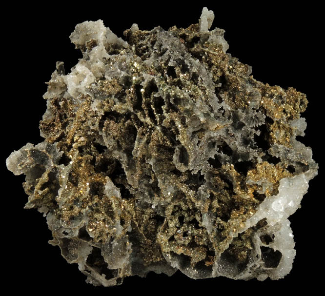 Chalcopyrite on Quartz pseudomorphs after Galena and pseudomorphs after Anhydrite from Casteel Mine (Viburnum No. 35 Mine), Bixby, Iron County, Missouri