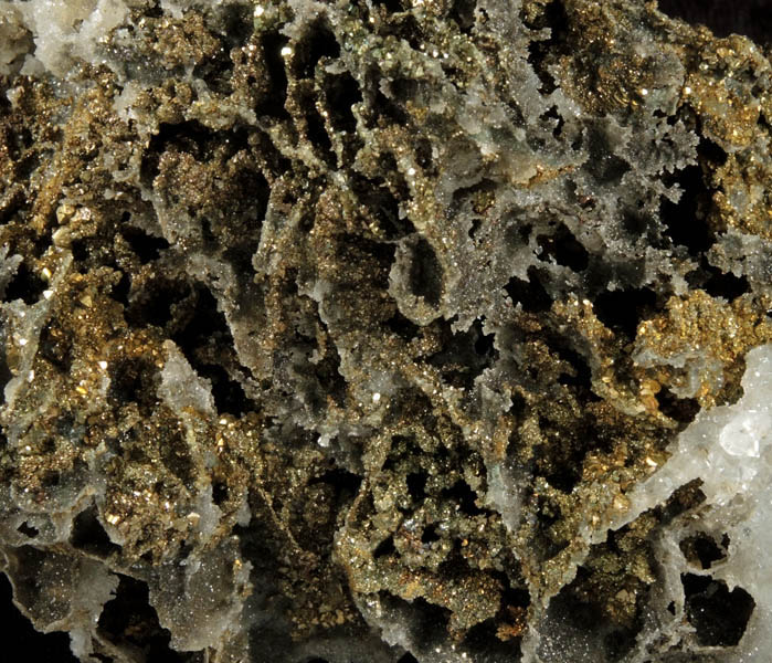 Chalcopyrite on Quartz pseudomorphs after Galena and pseudomorphs after Anhydrite from Casteel Mine (Viburnum No. 35 Mine), Bixby, Iron County, Missouri