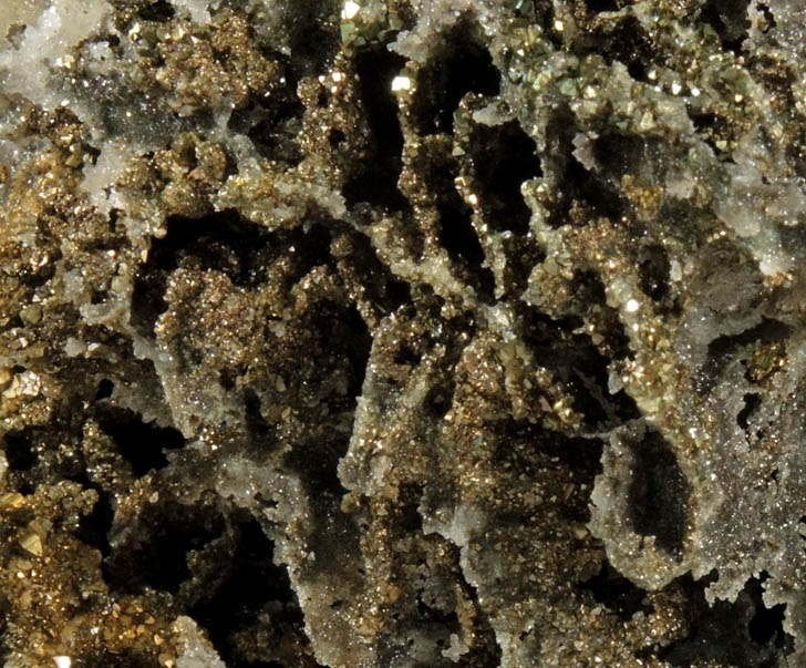 Chalcopyrite on Quartz pseudomorphs after Galena and pseudomorphs after Anhydrite from Casteel Mine (Viburnum No. 35 Mine), Bixby, Iron County, Missouri