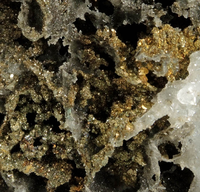 Chalcopyrite on Quartz pseudomorphs after Galena and pseudomorphs after Anhydrite from Casteel Mine (Viburnum No. 35 Mine), Bixby, Iron County, Missouri