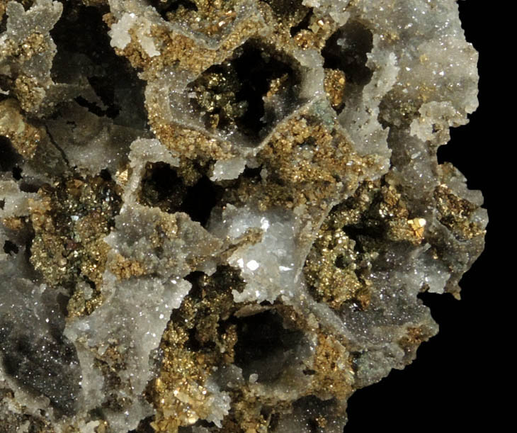 Chalcopyrite on Quartz pseudomorphs after Galena and pseudomorphs after Anhydrite from Casteel Mine (Viburnum No. 35 Mine), Bixby, Iron County, Missouri