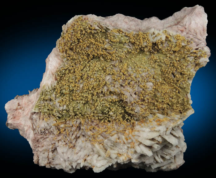 Pyromorphite on Barite from Rowley Mine, 20 km northwest of Theba, Painted Rock Mountains, Maricopa County, Arizona