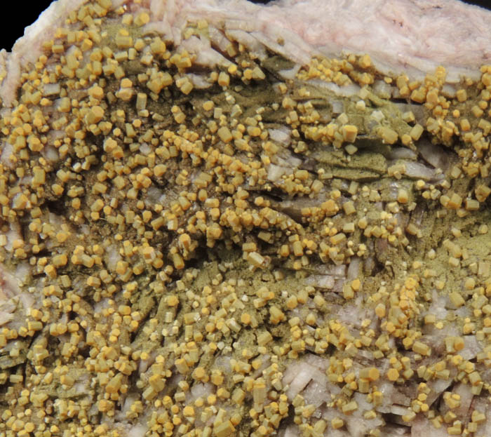 Pyromorphite on Barite from Rowley Mine, 20 km northwest of Theba, Painted Rock Mountains, Maricopa County, Arizona