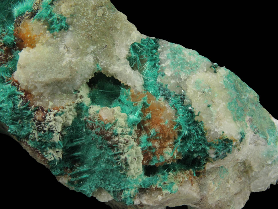 Brochantite var. Blanchardite on Quartz from Blanchard Mine, Hansonburg District, 8.5 km south of Bingham, Socorro County, New Mexico (Type Locality for Blanchardite)