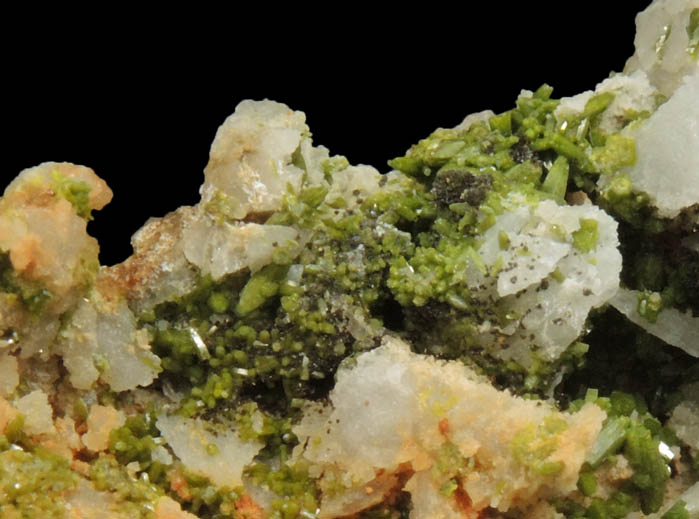 Pyromorphite on Quartz from Allah Cooper (Valcooper) Mine, Contrary Creek District, near Mineral, Louisa County, Virginia