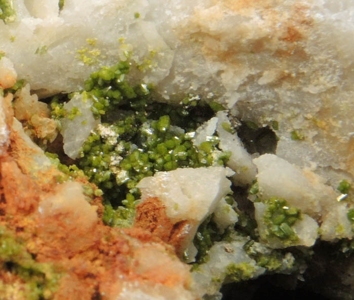 Pyromorphite on Quartz from Allah Cooper (Valcooper) Mine, Contrary Creek District, near Mineral, Louisa County, Virginia