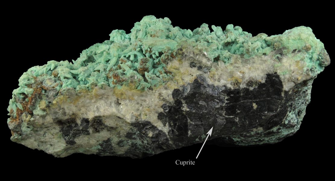 Malachite and Chrysocolla over Calcite on Cuprite from Bisbee, Warren District, Cochise County, Arizona