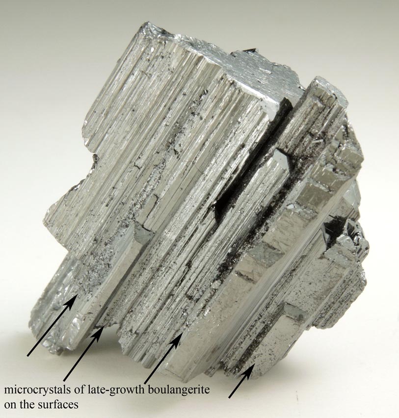 Bournonite (complexly twinned crystals) with Boulangerite micros from Yaogangxian Mine, 32 km southeast of Chenzhou, Hunan, China
