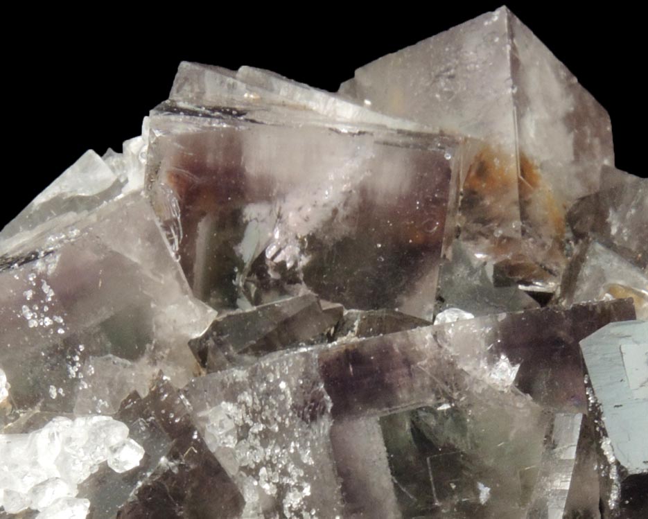 Fluorite (zoned crystals) with Quartz from Boltsburn West Level, south side of Rookhopeburn, 100 meters NW of Boltsburn mine shaft, County Durham, England