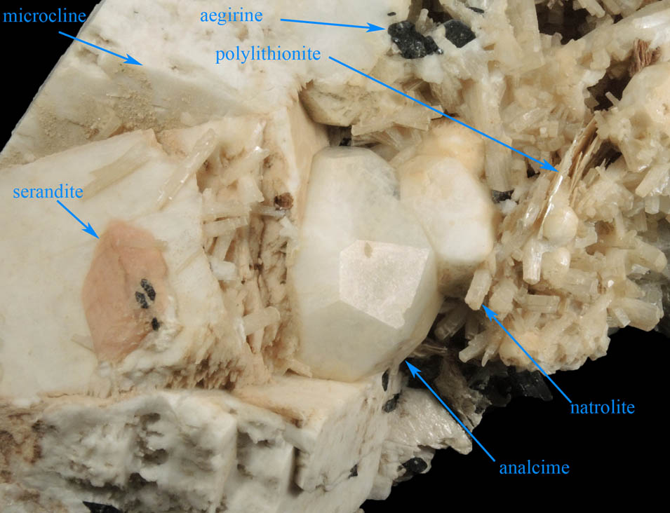 Analcime, Natrolite, Aegirine, Serandite, Microcline Rhodochrosite, Polylithionite from Poudrette Quarry, Mont Saint-Hilaire, Qubec, Canada