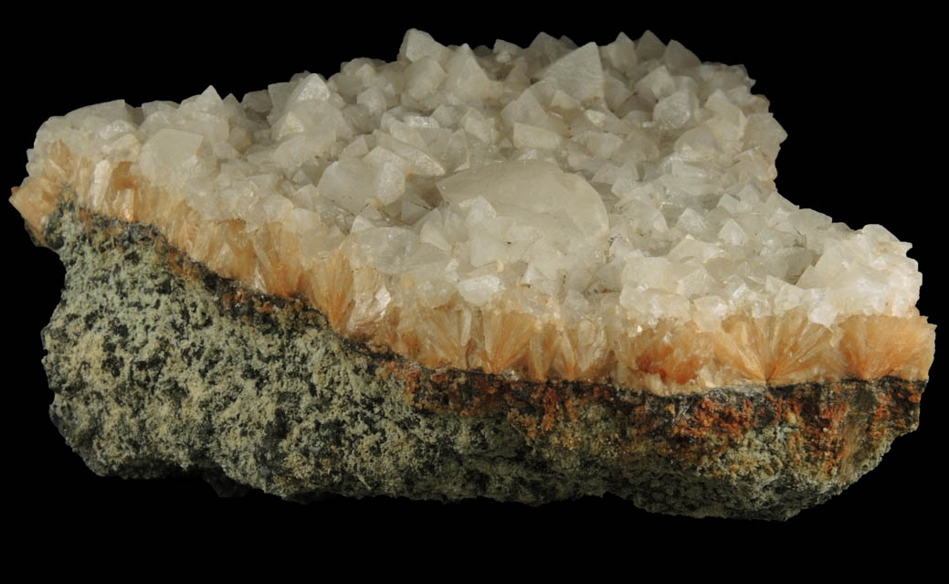 Calcite (twinned crystals) over Stilbite from Moore's Station Quarry, 44 km northeast of Philadelphia, Mercer County, New Jersey