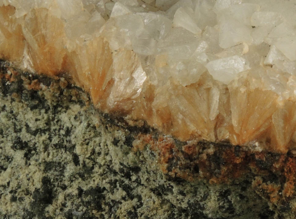 Calcite (twinned crystals) over Stilbite from Moore's Station Quarry, 44 km northeast of Philadelphia, Mercer County, New Jersey