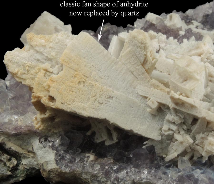 Quartz pseudomorphs after Anhydrite on Amethyst from Ametista do Sul, Alto Uruguai, Rio Grande do Sul, Brazil