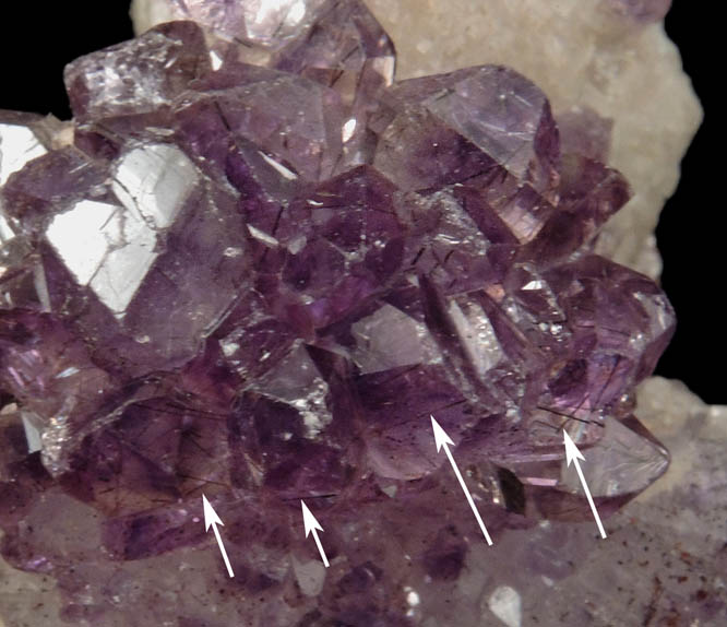 Quartz var. Amethyst Quartz with Goethite inclusions on Calcite from Kakamunurle Mine, Karur, Tamil Nadu, India