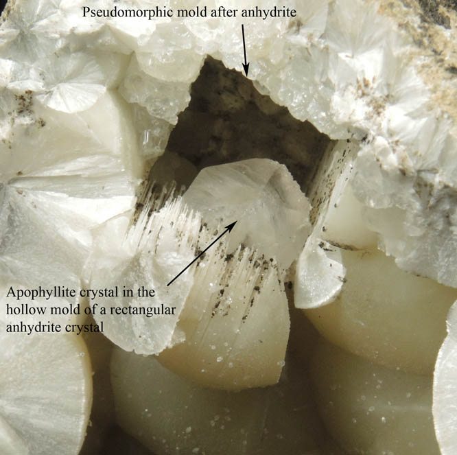 Apophyllite on Pectolite with molds after bladed Anhydrite from Millington Quarry, Bernards Township, Somerset County, New Jersey